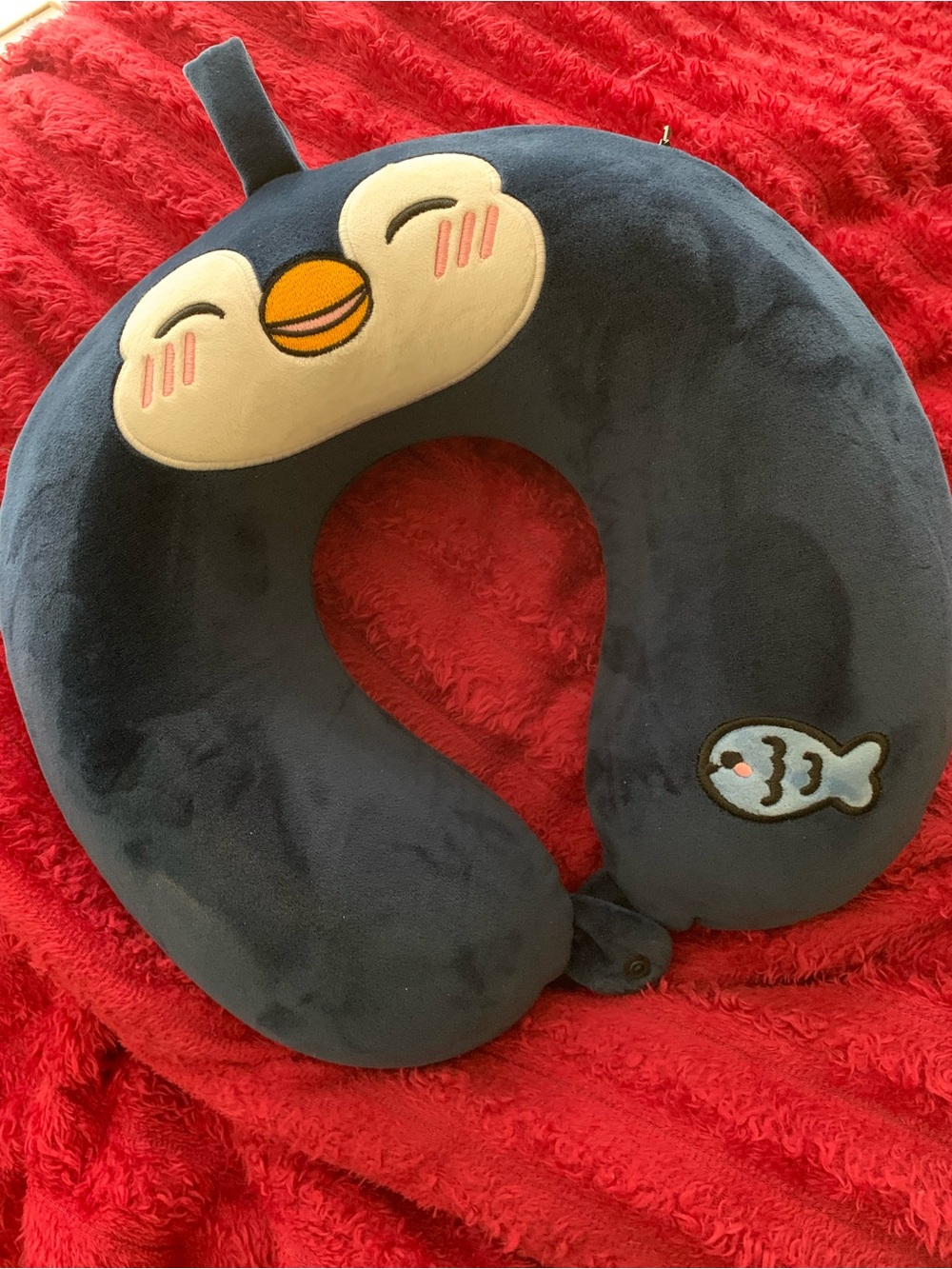 Plush Penguin Neck Pillow in Navy with Fish Accent